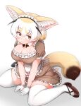  1girl alternate_costume animal_ears apron blonde_hair breasts cleavage detached_collar enmaided extra_ears fennec_(kemono_friends) fox_ears fox_tail frilled_apron frills gloves highres huge_breasts japari_symbol kemono_friends knife looking_at_viewer maid maid_apron maid_headdress orange_eyes puffy_short_sleeves puffy_sleeves short_hair short_sleeves skirt solo tail tanaka_kusao thick_thighs thighs waist_apron waitress zettai_ryouiki 