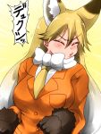  &gt;_&lt; 1girl animal_ears between_breasts blush bow bowtie breasts closed_eyes extra_ears ezo_red_fox_(kemono_friends) fox_ears fox_girl fox_tail fur-trimmed_gloves fur_trim gloves highres isna_(footprintsofisna) jacket japari_symbol kemono_friends large_breasts necktie necktie_between_breasts orange_jacket sneezing solo tail white_bow white_bowtie 