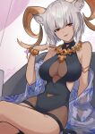  1girl animal_ears arknights arm_support armpit_crease bangs bare_shoulders black_one-piece_swimsuit breasts carnelian_(arknights) carnelian_(shining_dew)_(arknights) casual_one-piece_swimsuit crossed_legs dark-skinned_female dark_skin grey_hair hand_up highres horns large_breasts looking_at_viewer mabing navel one-piece_swimsuit open_mouth red_eyes see-through_swimsuit shawl short_hair sitting smile solo swimsuit 