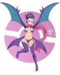  1girl arms_up artist_name bat_girl bikini breasts crobat eyelashes full_body highres janine_(pokemon) knees leg_up orcaleon parted_lips pointy_ears poke_ball_symbol pokemon pokemon_(game) pokemon_hgss purple_bikini purple_eyes purple_hair purple_scarf purple_thighhighs scarf shiny shiny_skin short_hair solo swimsuit thighhighs transparent_background winged_arms wings 
