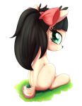 absurd_res alpha_channel an-m black_hair blush bow_ribbon cervid female grass green_eyes hair hi_res looking_at_viewer looking_back mammal plant ponytail simple_background solo tail_tuft transparent_background tuft 
