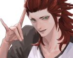  1boy \n/ axel_(kingdom_hearts) black_shirt green_eyes hair_slicked_back kingdom_hearts long_hair looking_at_viewer lower_teeth male_focus mukashino parted_lips raglan_sleeves red_hair shirt sideburns smile solo spiked_hair teeth two-tone_shirt upper_body upper_teeth white_background white_shirt 