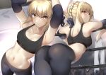  1girl artoria_pendragon_(fate) ass bangs bare_shoulders blonde_hair blush braid breasts collarbone fate/grand_order fate/stay_night fate_(series) french_braid long_hair looking_at_viewer medium_breasts multiple_views navel pinta_(ayashii_bochi) saber_alter sidelocks thighs yellow_eyes 