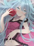  1girl apple aqua_eyes aqua_hair aqua_nails bare_arms bare_shoulders camisole collarbone food fruit hair_down hatsune_miku highres holding holding_food holding_fruit kiinakin lace-trimmed_camisole lace_trim long_hair looking_at_viewer lying midriff navel on_back pale_skin pillow pink_camisole polka_dot_camisole red_apple romeo_to_cinderella_(vocaloid) serious solo_focus strap_slip tsurime very_long_hair vocaloid 