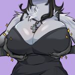  1:1 big_breasts breasts cleavage clothed clothing cross cross_necklace domestic_cat dress fan_character felid feline felis female friddscat frids gloves_(marking) groping_self jewelry lavender_background long_nails mammal markings necklace solo sparkles watermark 