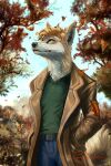  autumn brush canid canine clothed clothing cloudymayday coat detailed_background fox hair hi_res male mammal nature nature_background outside plant smile solo topwear tree trenchcoat 