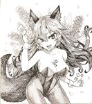  1girl :d alternate_costume animal_ears bangs breasts card cleavage commentary_request cowboy_shot dice fang flower graphite_(medium) greyscale hair_between_eyes hatching_(texture) highres holding holding_card imaizumi_kagerou joker_(card) ke-su large_breasts leotard long_hair looking_at_viewer monochrome open_mouth playing_card poker_chip shikishi smile solo strapless tail touhou traditional_media wolf_ears wolf_girl wolf_tail wrist_cuffs 