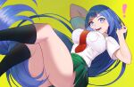  ! 1girl absurdres black_socks blue_eyes blue_hair boku_no_hero_academia breasts green_skirt hadou_nejire highres koyap large_breasts long_hair looking_at_viewer necktie open_mouth red_necktie school_uniform shirt short_sleeves skirt smile socks solo teeth u.a._school_uniform very_long_hair white_shirt yellow_background 