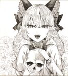  1girl animal_ear_fluff animal_ears bangs braid cat_ears commentary_request dress extra_ears flower frilled_dress frills graphite_(medium) greyscale hair_between_eyes hatching_(texture) highres holding holding_skull juliet_sleeves kaenbyou_rin ke-su long_hair long_sleeves looking_at_viewer monochrome open_mouth puffy_sleeves shikishi skull smile solo touhou traditional_media twin_braids upper_body 