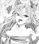  1girl :d animal_ears bangs breasts brooch cleavage commentary_request dress eating flower food fruit grapes hair_between_eyes hatching_(texture) highres imaizumi_kagerou jewelry ke-su large_breasts leaf long_hair looking_at_viewer off-shoulder_dress off_shoulder open_mouth shikishi smile solo touhou upper_body wolf_ears wolf_girl 