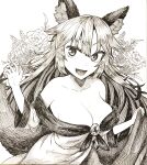  1girl animal_ears bangs breasts brooch cleavage commentary_request cowboy_shot dress flower graphite_(medium) greyscale highres imaizumi_kagerou jewelry ke-su large_breasts long_hair long_sleeves looking_at_viewer monochrome off-shoulder_dress off_shoulder open_mouth rose shikishi smile solo tail touhou traditional_media wolf_ears wolf_girl wolf_tail 