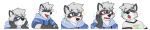  absurd_res anthro black_body black_fur black_nose blue_clothing blue_eyes blue_topwear blush bodily_fluids bust_portrait clothed clothing front_view fur glistening glistening_eyes grey_body grey_fur grey_hair hair happy hi_res long_image looking_aside male mammal multiple_images narrowed_eyes open_mouth open_smile pache_riggs portrait procyonid raccoon sad short_hair simple_background smile solo tears topwear unsigned white_background white_body white_fur wide_image 