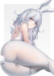  +_+ animal_ears azur_lane bare_arms bare_shoulders blue_eyes cameltoe fake_animal_ears grey_hair hairband highres le_malin_(azur_lane) le_malin_(listless_lapin)_(azur_lane) leotard long_hair mahou_kyuuri nontraditional_playboy_bunny official_alternate_costume pantyhose parted_lips playboy_bunny rabbit_ears rabbit_tail sideless_outfit tail thick_thighs thighs twisted_torso white_hairband white_leotard white_pantyhose 