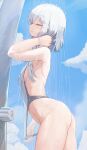  1girl ass backless_swimsuit blue_sky breasts closed_eyes closed_mouth clothes_pull cloud cowboy_shot day from_side genek highres one-piece_swimsuit original outdoors pointy_ears short_hair showering sideboob sky small_breasts solo swimsuit swimsuit_pull thighs water wet white_hair 