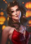  1girl aerith_gainsborough bangs bare_arms bare_shoulders blurry blurry_background breasts brown_hair cleavage dress final_fantasy final_fantasy_vii final_fantasy_vii_remake flamenco_dress green_eyes highres jewelry kacheong lantern lips long_hair looking_at_viewer medium_breasts multiple_necklaces necklace official_alternate_costume parted_bangs portrait red_dress sidelocks solo star_(symbol) star_necklace strapless strapless_dress upper_body wavy_hair 