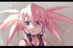  1girl atte_nanakusa blue_eyes blush grey_background highres letterboxed looking_at_viewer medium_hair parted_lips pink_hair presea_combatir simple_background solo tales_of_(series) tales_of_symphonia twintails upper_body wide-eyed 