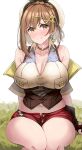  1girl atelier_(series) atelier_ryza atelier_ryza_3 beret breasts brown_choker brown_eyes brown_gloves brown_hair choker cleavage clip commentary_request earrings gloves grass hat highres jewelry kibihimi large_breasts looking_at_viewer navel red_shorts reisalin_stout short_hair short_shorts shorts simple_background single_earring sitting smile solo thick_thighs thighs white_background white_headwear 