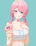  1girl :3 :q arknights azhi1997 bangs bare_arms bare_shoulders blue_background blue_eyes blue_poison_(arknights) blue_poison_(shoal_beat)_(arknights) braid choker closed_mouth collarbone crop_top hairband highres holding_ice_cream ice_cream_cone kirby kirby_(series) looking_at_viewer midriff pink_choker pink_hair solo sports_bra stomach tongue tongue_out twin_braids upper_body 