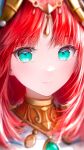  1girl absurdres bangs blurry brooch circlet close-up closed_mouth depth_of_field forehead_jewel genshin_impact green_eyes highres horns jewelry light_blush long_hair looking_at_viewer neck_ring nilou_(genshin_impact) ojay_tkym parted_bangs portrait red_hair reflective_eyes smile solo 
