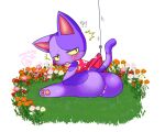  2022 animal_crossing anthro backsack balls blush bob_(animal_crossing) bodily_fluids bottomless butt clothed clothing digital_media_(artwork) domestic_cat felid feline felis fish_hook flower fur genitals hi_res looking_back male mammal nintendo open_mouth pawpads plant purple_body purple_fur solo sweat sweatdrop unknown_artist video_games 