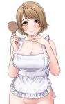 1girl absurdres apron areola_slip bare_arms bare_shoulders blush breasts brown_eyes brown_hair cleavage closed_mouth collarbone commentary cowboy_shot fingernails food food_on_body food_on_breasts food_on_face frilled_apron frills groin hand_to_own_mouth hands_up highres holding koizumi_hanayo large_breasts looking_at_viewer love_live! love_live!_school_idol_project naked_apron out-of-frame_censoring paid_reward_available rice rice_on_face shamoji short_hair simple_background smile solo standing white_apron white_background yonsi 