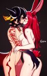  2girls animal_ear_fluff animal_ears arm_tattoo ass_grab black_dragon_girl_(distr) black_hair breasts bunny_girl_(distr) closed_eyes collar colored_inner_hair completely_nude curled_horns distr french_kiss from_side gradient_skin hair_between_eyes highres horns kiss lock long_hair medium_breasts medium_hair monster_girl multicolored_hair multiple_girls navel nipples nude original padlock padlocked_collar pussy rabbit_ears rabbit_tail red_hair signature spiked_collar spikes standing tail tattoo uncensored yuri 