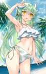  1girl arm_up armpits bangs bikini blush breasts dragon_girl dragon_horns fate/grand_order fate_(series) green_hair highres horns jewelry kiyohime_(fate) large_breasts long_hair looking_at_viewer morizono_shiki navel necklace outdoors parted_lips smile solo swimsuit white_bikini yellow_eyes 