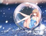  1girl ass bare_arms bare_legs bare_shoulders barefoot blue_dress blurry blurry_background blush bow breasts brown_hair cleavage closed_mouth collarbone dress hair_ornament hairclip heeri in_bubble legs_up long_hair looking_at_viewer lying minigirl no_panties on_back original red_eyes snow snowing solo thighs winter yellow_bow 