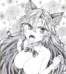  1girl alternate_costume animal_ear_fluff animal_ears bangs bow bowtie breasts brooch cleavage commentary_request detached_collar fangs flower graphite_(medium) greyscale hair_between_eyes hatching_(texture) highres imaizumi_kagerou jewelry ke-su large_breasts leotard long_hair looking_at_viewer monochrome open_mouth shikishi slit_pupils solo touhou traditional_media upper_body wolf_ears wolf_girl wrist_cuffs 