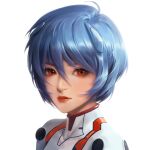  1girl artist_name ayanami_rei blue_hair bodysuit hair_between_eyes headgear high_collar highres kacheong lips looking_at_viewer neon_genesis_evangelion parted_lips plugsuit portrait red_eyes shiny shiny_hair short_hair solo white_background white_bodysuit 