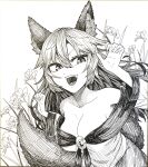  1girl animal_ears bangs breasts brooch cleavage commentary_request dress fangs fingernails flower graphite_(medium) greyscale hair_between_eyes highres imaizumi_kagerou jewelry ke-su large_breasts long_hair long_sleeves looking_at_viewer monochrome off-shoulder_dress off_shoulder open_mouth sharp_fingernails shikishi smile solo tail touhou traditional_media upper_body wolf_ears wolf_girl wolf_tail 