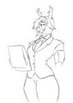  2022 accessory buckteeth clipboard clothing deltarune female freckles hair hair_accessory hairband horn monochrome noelle_holiday short_hair simple_background sketch solo standing suit teeth undertale_(series) v-olk video_games white_background 