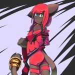  1:1 2019 ankama anthro blep bottomwear butt cash_(linyuenj) clothing dofus domestic_cat ecaflip felid feline felis female fur goshaag hi_res looking_at_viewer mammal red_bottomwear red_clothing red_topwear solo tongue tongue_out topwear video_games wakfu 