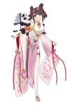 1girl bangs black_hair blue_eyes china_dress chinese_clothes clothing_cutout detached_sleeves dragalia_lost dress full_body hair_ornament hand_fan lin_you looking_at_viewer navel navel_cutout open_mouth panda pink_dress shironitsu standing standing_on_one_leg thighhighs white_background white_thighhighs wide_sleeves 