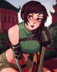  1girl architecture armor bangs bare_shoulders breasts brown_eyes brown_hair chest_strap cowboy_shot crop_top east_asian_architecture elbow_gloves final_fantasy final_fantasy_vii final_fantasy_vii_remake gloves green_shirt grey_shorts headband highres leaning_forward looking_at_viewer medium_breasts open_mouth outdoors qt0ri ribbon shirt short_hair short_shorts shorts shoulder_armor single_sleeve sleeveless sleeveless_turtleneck solo teeth turtleneck upper_teeth v_arms yellow_ribbon yuffie_kisaragi 