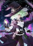  1boy absurdres alternate_costume androgynous ascot black_pants cloak crescent earrings fire green_fire green_hair hair_over_one_eye hand_up hat highres jewelry lio_fotia looking_at_viewer male_focus pants parted_lips promare purple_eyes purple_fire pyrokinesis qianxiaobai short_hair solo standing witch_hat 