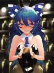  1girl animal_ears bangle bangs black_leotard blue_eyes blue_hair blue_necktie blurry blurry_background blush bow bracelet breasts commentary_request cowboy_shot cup detached_collar drinking_glass embarrassed fake_animal_ears grey_pantyhose grin hair_between_eyes hair_bow highres holding holding_cup jewelry ke-su leotard long_hair looking_at_viewer necktie pantyhose playboy_bunny rabbit_ears shelf short_necktie small_breasts smile solo spotlight strapless strapless_leotard touhou yorigami_shion 