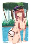  1girl arm_support baseball_cap bikini breasts cleavage dolphin_shorts eyewear_on_head grin hat heart heart-shaped_eyewear heterochromia highres hololive houshou_marine kaname_(melaninusa09) large_breasts long_hair looking_at_viewer o-ring o-ring_legwear official_alternate_hairstyle red_bikini red_eyes red_hair short_shorts shorts smile solo string_bikini sunglasses swimsuit thigh_strap v_arms virtual_youtuber wet white_shorts yellow_eyes 