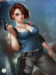  1girl artist_name asymmetrical_hair bare_arms belt blue_shirt breasts brown_hair cleavage collarbone cowboy_shot didi_esmeralda elbow_pads grey_eyes grey_pants gun highres holding holding_gun holding_weapon holster jewelry jill_valentine large_breasts looking_to_the_side necklace pants patreon_username resident_evil resident_evil_3 shirt short_hair sleeveless sleeveless_shirt solo thigh_holster undershirt weapon white_shirt 