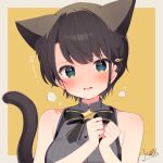 1girl absurdres animal_ears bangs black_bow black_bowtie blue_eyes bow bowtie breasts brown_hair cat_ears cat_tail extra_ears highres hololive large_breasts looking_at_viewer nyasunyadoora oozora_subaru shirt short_hair simple_background sleeveless sleeveless_shirt solo tail upper_body virtual_youtuber 