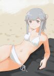  absurdres alternate_costume bikini breasts brown_eyes commentary_request cowboy_shot grey_hair hair_ribbon highres kantai_collection long_hair looking_at_viewer lying on_side one-hour_drawing_challenge ponytail red_ribbon ribbon sand side-tie_bikini_bottom sidelocks small_breasts smile swimsuit toplow usugumo_(kancolle) white_bikini 