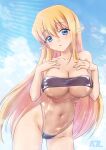  1girl :o a-plug absurdres artist_name blonde_hair blue_eyes breasts cleavage day gris_swimsuit highres large_breasts long_hair looking_at_viewer meme_attire navel outdoors pointy_ears sky solo swimsuit tiffania_westwood very_long_hair zero_no_tsukaima 
