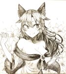  1girl animal_ears bangs blush breasts brooch cleavage closed_mouth commentary_request dress fang fang_out flower graphite_(medium) greyscale hair_between_eyes highres imaizumi_kagerou jewelry ke-su large_breasts long_hair looking_at_viewer monochrome off-shoulder_dress off_shoulder shikishi smile solo tail touhou traditional_media upper_body wolf_ears wolf_girl wolf_tail 