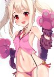  1girl animal_hands bell blonde_hair breasts cat_paws cosplay fate/grand_order fate/kaleid_liner_prisma_illya fate_(series) gloves illyasviel_von_einzbern jingle_bell looking_at_viewer miyu_edelfelt miyu_edelfelt_(cosplay) open_mouth pan_korokorosuke panties paw_gloves paw_shoes pink_panties pink_vest red_eyes shiny shiny_hair shiny_skin simple_background small_breasts smile solo standing twintails underwear vest white_background 