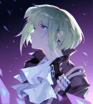  1boy androgynous ascot bangs black_background black_jacket close-up gradient gradient_background green_hair highres jacket kokunen_aoteci lio_fotia looking_up male_focus parted_lips promare purple_background purple_eyes short_hair solo studded upper_body 
