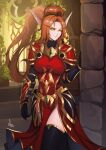  1girl absurdres armor belt black_gloves black_thighhighs blood_elf_(warcraft) breasts brown_hair closed_mouth colored_sclera distr dress faulds gloves hand_up highres large_breasts long_eyebrows looking_at_viewer original pauldrons pointy_ears pompadour ponytail red_dress shoulder_armor signature smile solo thighhighs warcraft world_of_warcraft yellow_eyes yellow_sclera 