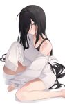  1girl bare_legs black_hair blush breasts closed_mouth dress hair_over_one_eye highres large_breasts long_hair off_shoulder original simple_background sitting sleeves_past_fingers sleeves_past_wrists solo soya_(torga) very_long_hair wariza white_background white_dress 
