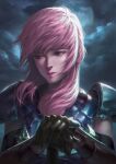  1girl absurdres armor bangs blue_eyes breastplate cloud cloudy_sky elbow_gloves final_fantasy final_fantasy_xiii final_fantasy_xiii-2 gloves hair_over_shoulder highres holding holding_sword holding_weapon kacheong lightning_farron lips long_hair looking_to_the_side metal_gloves night night_sky pink_hair plate_armor shoulder_armor sky solo sword weapon 