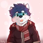  1:1 anthro black_clothing black_nose black_topwear blep blue_body blue_ears blue_fur blue_hair blush bust_portrait canid canine canis cheek_tuft clothed clothing domestic_dog facial_tuft front_view fur glistening glistening_eyes green_eyes hair hi_res looking_at_viewer male mammal pache_riggs portrait red_scarf red_tongue scarf short_hair signature simple_background solo tongue tongue_out topwear tuft white_body white_fur white_inner_ear 