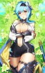  1girl bangs bare_shoulders black_gloves black_hairband black_shorts blue_cape blue_flower blue_hair blush breasts butterfly_hair_ornament cape cleavage crossed_arms detached_sleeves eula_(genshin_impact) flower genshin_impact gloves grass hair_between_eyes hair_ornament hairband hand_on_own_chest highres ja_mong large_breasts looking_at_viewer lying medium_hair midriff multicolored_eyes navel on_back open_mouth outdoors purple_eyes short_shorts shorts skindentation solo thigh_strap two-tone_cape white_sleeves yellow_cape yellow_eyes yellow_flower 